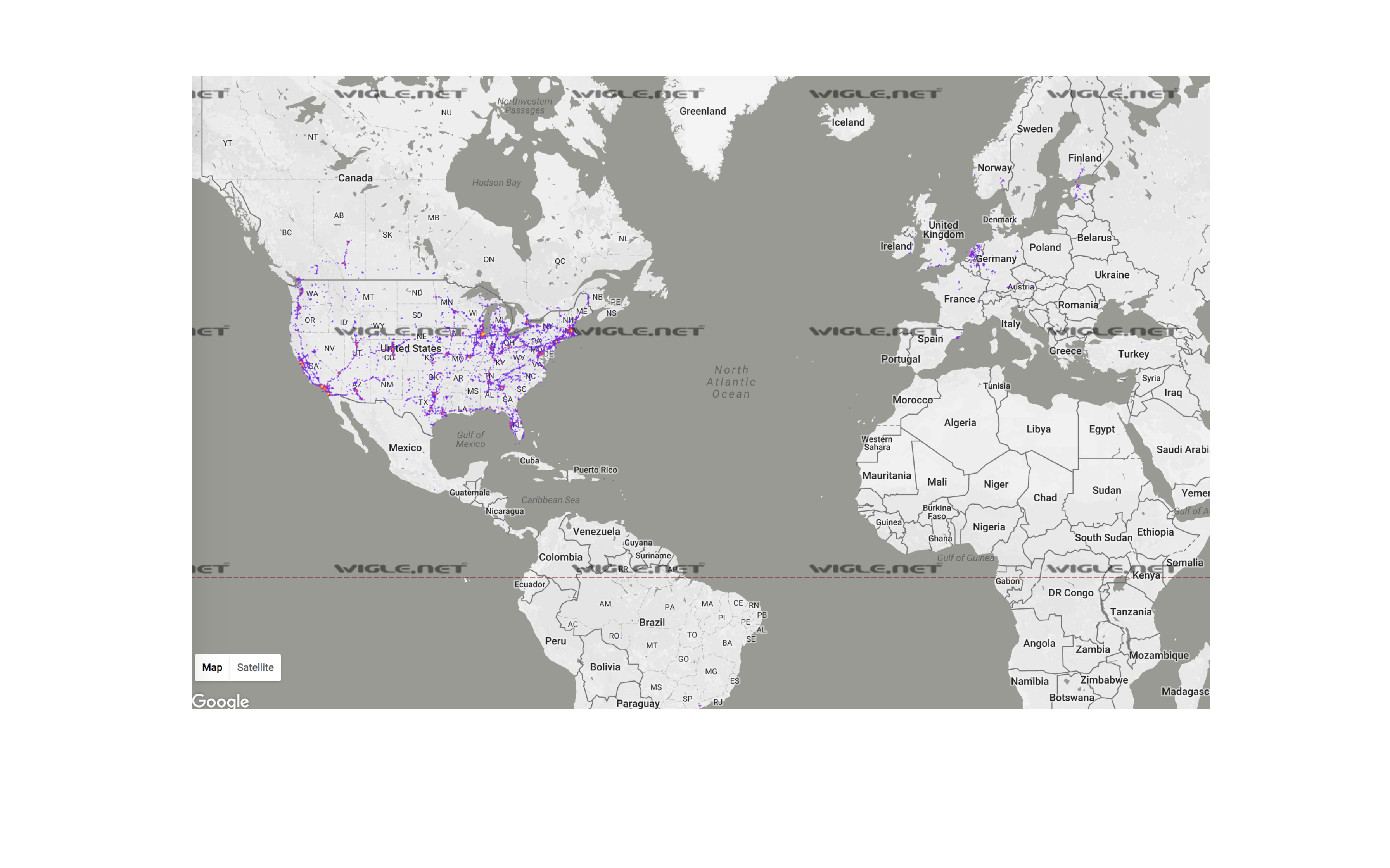 Wigle.net wireless coverage map 2002 — sparse purple dots concentrated along major US corridors