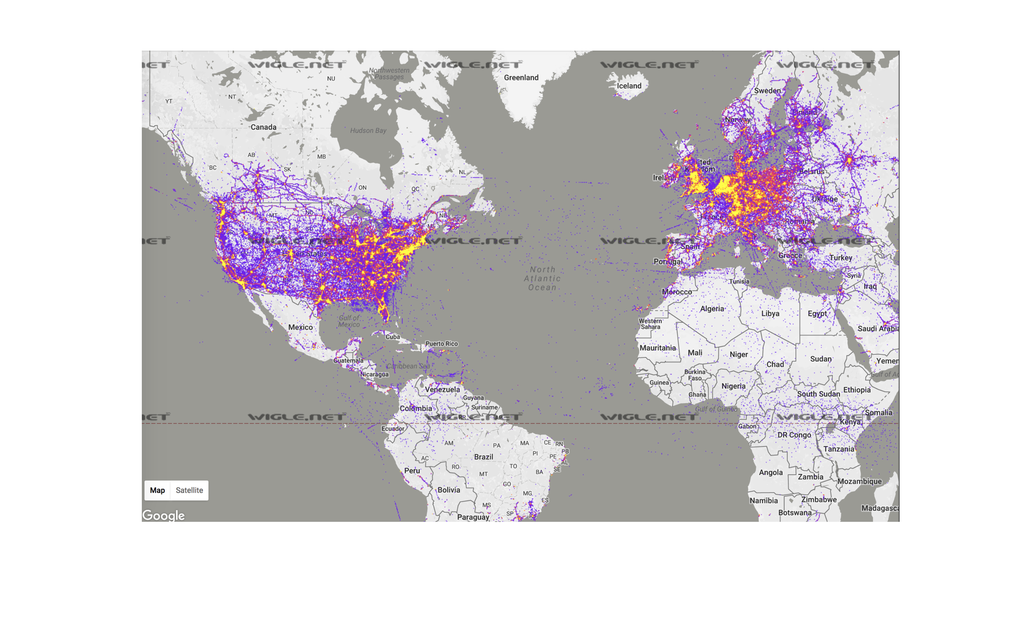Wigle.net wireless coverage map 2016 — dense red and orange saturation blankets the US and Western Europe